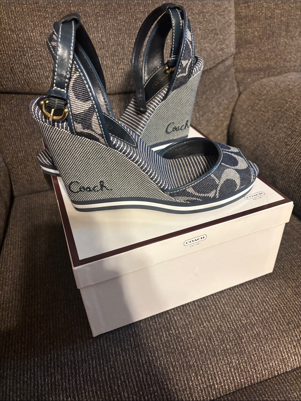 Coach Navy and Cream Signature Wedge Sandals - Picture 5 of 5